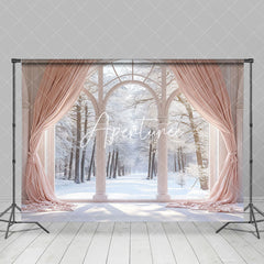 Aperturee - Aperturee Aesthetic Curtain Snowy Forest Window Scene Backdrop