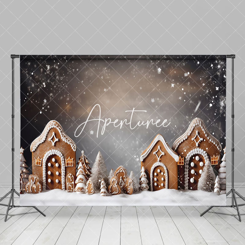 Aperturee - Aperturee Aesthetic Snowy Gingerbread House Christmas Backdrop