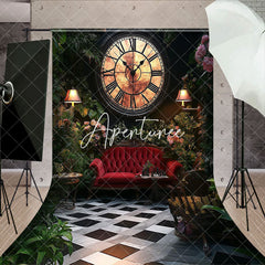 Aperturee - Aperturee Ancient Clock Greenery Floral Sofa Wedding Backdrop