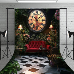 Aperturee - Aperturee Ancient Clock Greenery Floral Sofa Wedding Backdrop