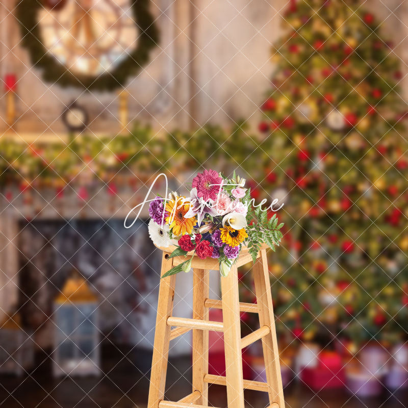 Aperturee - Aperturee Ancient Luxurious Fireplace Tree Christmas Backdrop