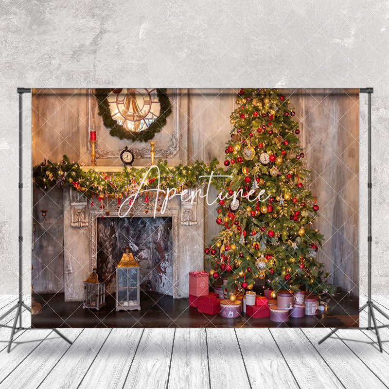 Aperturee - Aperturee Ancient Luxurious Fireplace Tree Christmas Backdrop