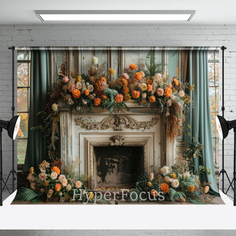 Aperturee - Aperturee Ancient Luxury Fireplace Floral Christmas Backdrop