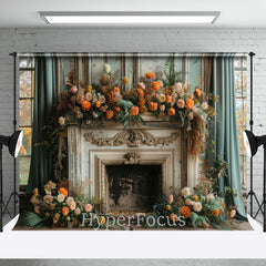 Aperturee - Aperturee Ancient Luxury Fireplace Floral Christmas Backdrop