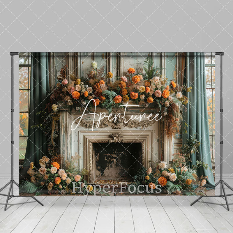 Aperturee - Aperturee Ancient Luxury Fireplace Floral Christmas Backdrop