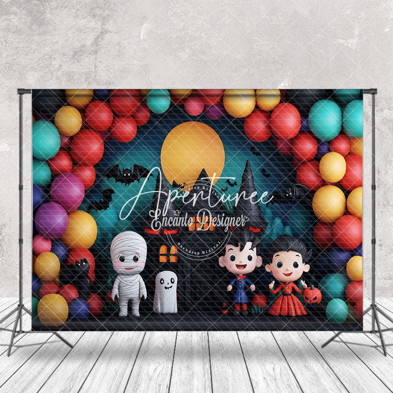 Aperturee - Aperturee Arch Balloons Castle Moon Ghost Halloween Backdrop