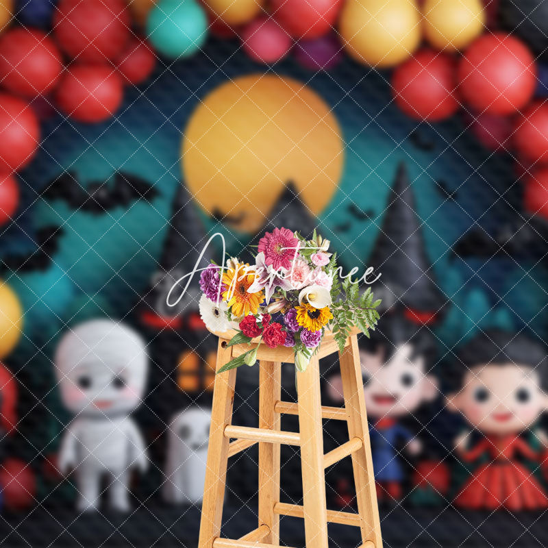 Aperturee - Aperturee Arch Balloons Castle Moon Ghost Halloween Backdrop