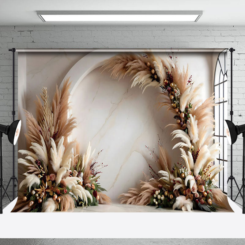 Aperturee - Aperturee Arch Boho Pampas Grass Floral Marbled Wall Backdrop