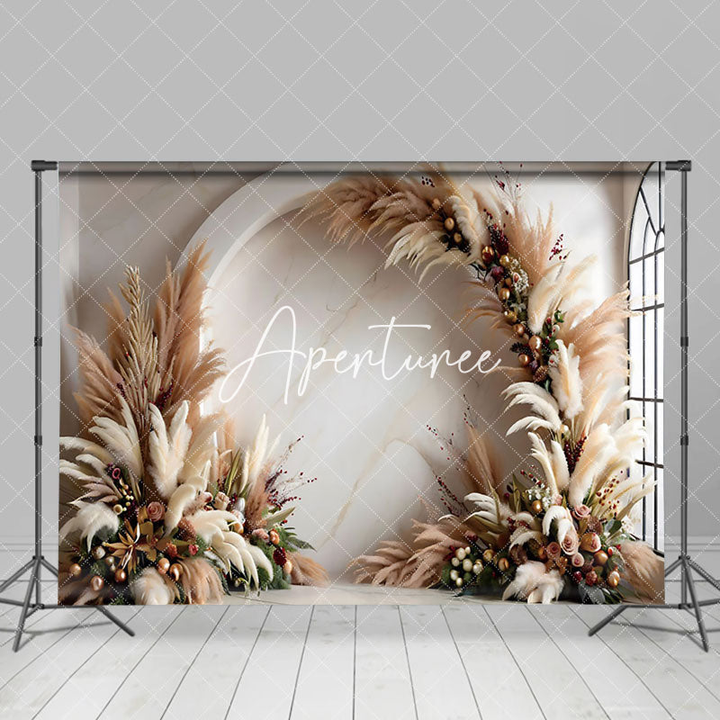 Aperturee - Aperturee Arch Boho Pampas Grass Floral Marbled Wall Backdrop