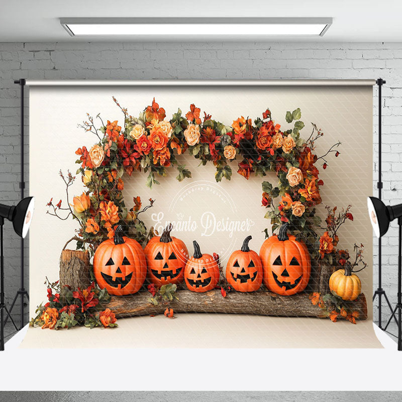 Aperturee - Aperturee Arch Floral Leaves Pumpkins Trunk Photo Backdrop