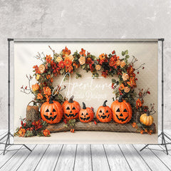 Aperturee - Aperturee Arch Floral Leaves Pumpkins Trunk Photo Backdrop