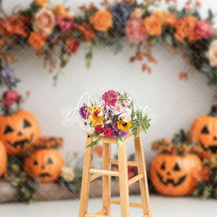 Aperturee - Aperturee Arch Floral Trunk Pumpkins Halloween Photo Backdrop