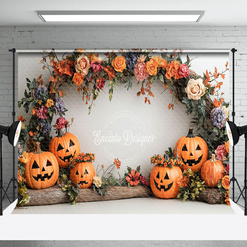 Aperturee - Aperturee Arch Floral Trunk Pumpkins Halloween Photo Backdrop