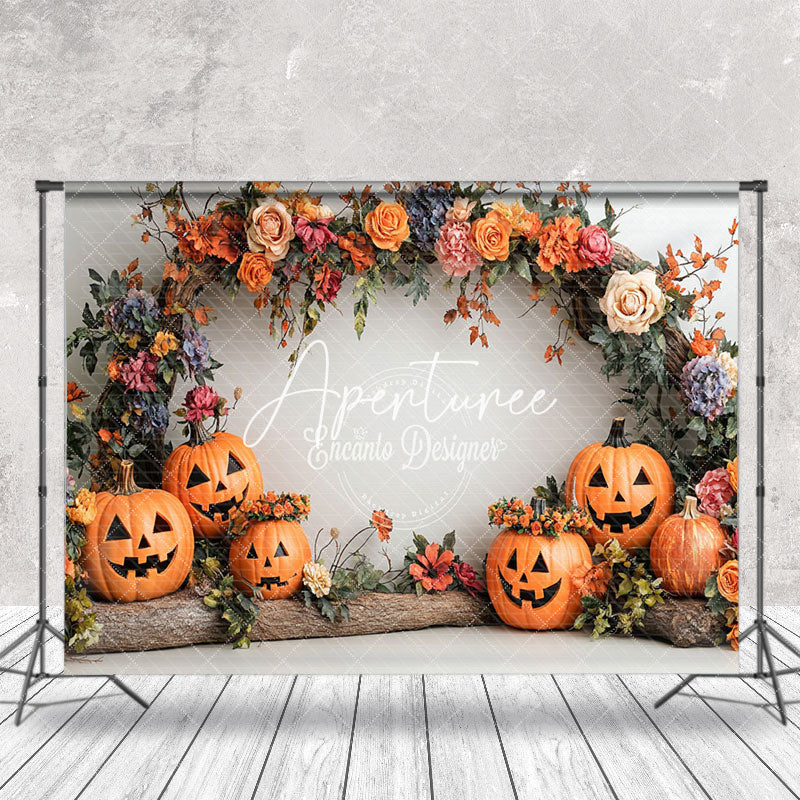 Aperturee - Aperturee Arch Floral Trunk Pumpkins Halloween Photo Backdrop