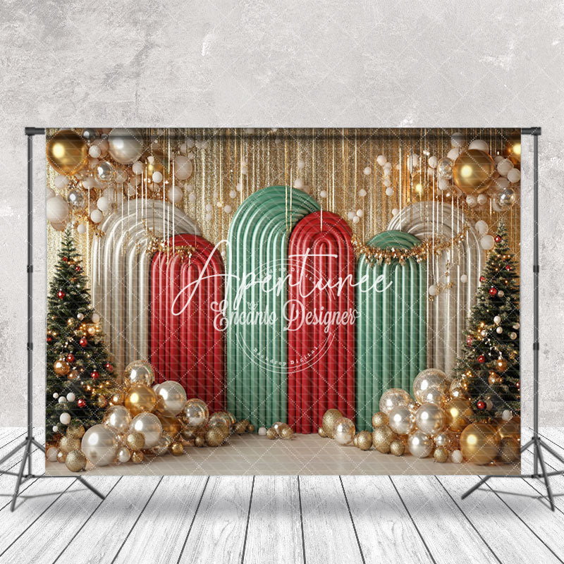 Aperturee - Aperturee Arch Gold Balloons Pine Trees Christmas Backdrop