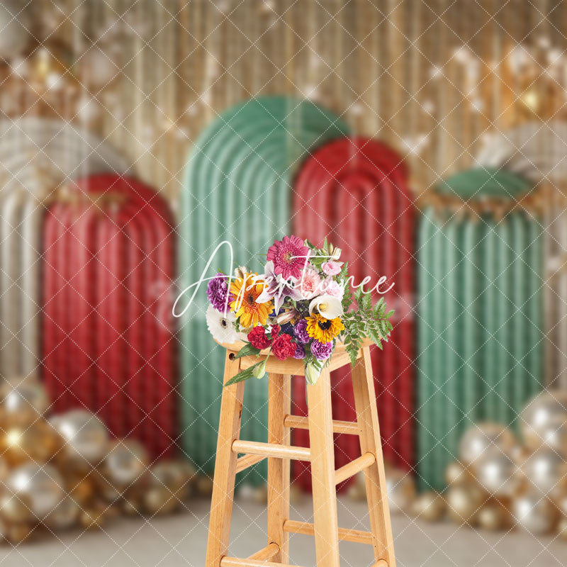 Aperturee - Aperturee Arch Gold Balloons Pine Trees Christmas Backdrop