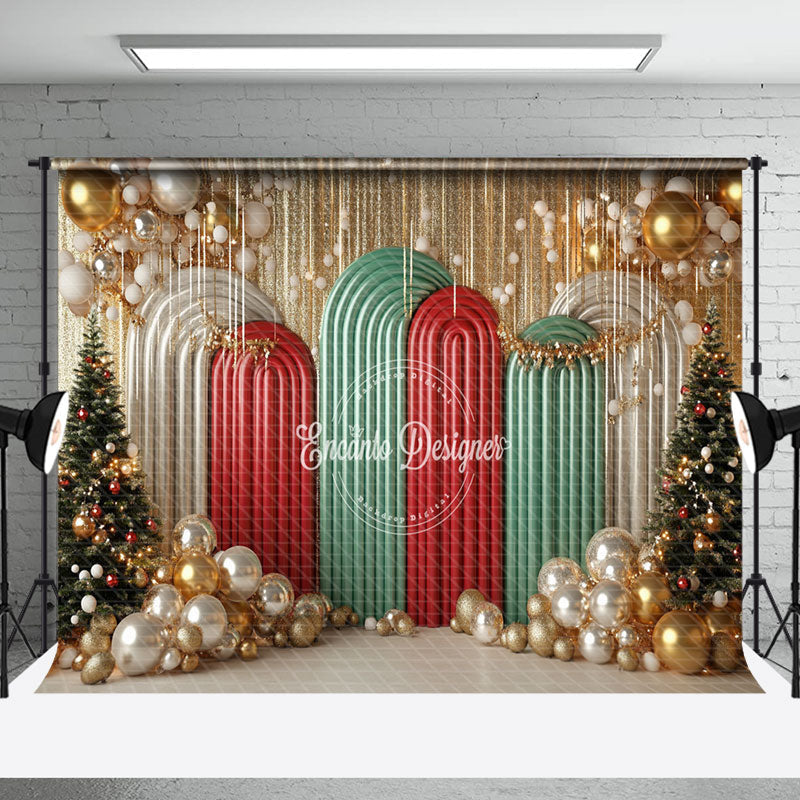 Aperturee - Aperturee Arch Gold Balloons Pine Trees Christmas Backdrop