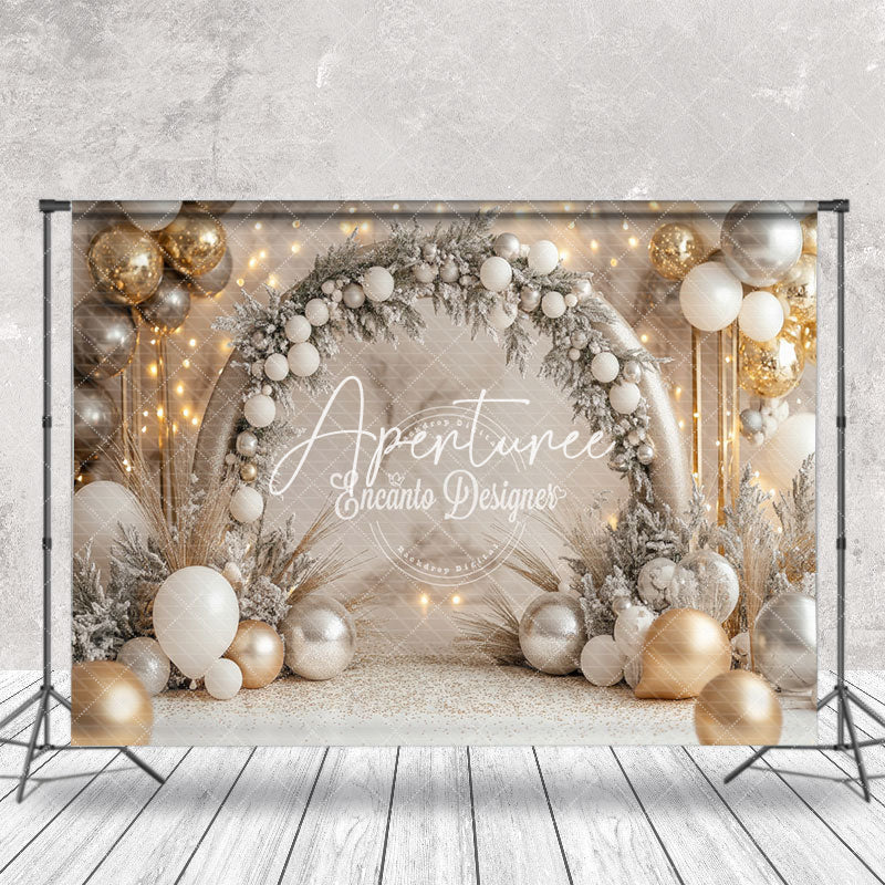 Aperturee - Aperturee Arch Pine Leaves Balloons Snowy Christmas Backdrop