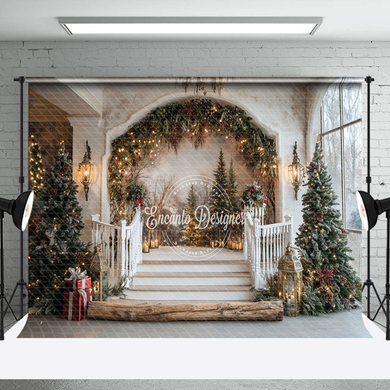 Aperturee - Aperturee Arch Staircase Mural Christmas Photography Backdrop