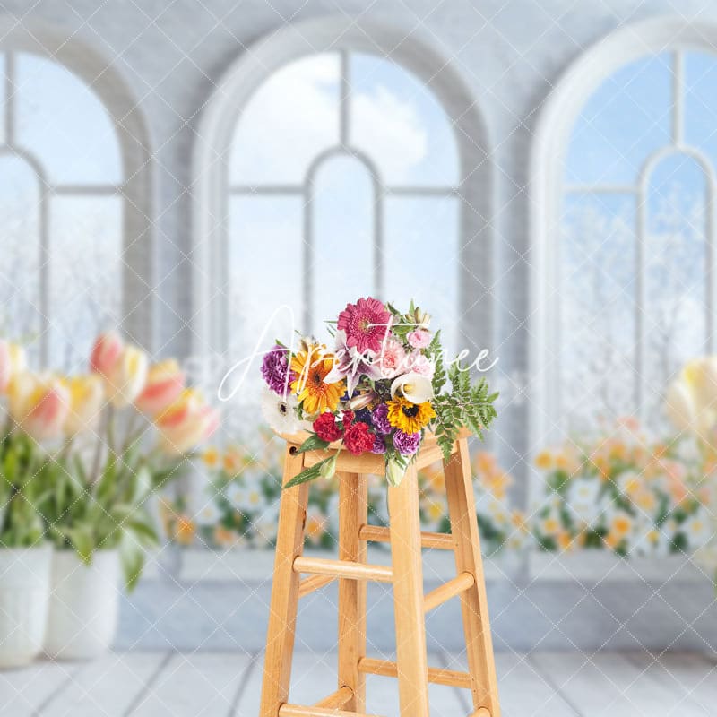 Aperturee - Aperturee Arch Window Tulip Floral Spring Photography Backdrop