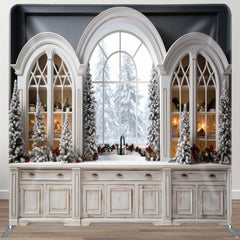 Aperturee - Aperturee Arch Windows Cabinet Snowy Christmas Square Backdrop