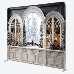 Aperturee - Aperturee Arch Windows Cabinet Snowy Christmas Square Backdrop