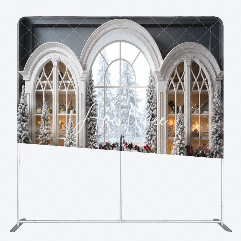 Aperturee - Aperturee Arch Windows Cabinet Snowy Christmas Square Backdrop