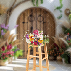 Aperturee - Aperturee Arch Wooden Door Boho Hay Floral Photo Backdrop