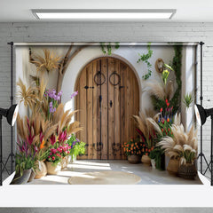 Aperturee - Aperturee Arch Wooden Door Boho Hay Floral Photo Backdrop