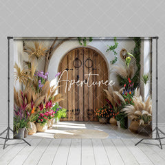 Aperturee - Aperturee Arch Wooden Door Boho Hay Floral Photo Backdrop