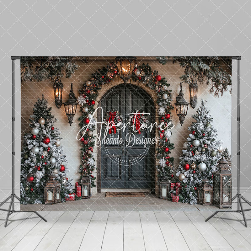 Aperturee - Aperturee Arch Wooden Door Oil Lamp Christmas Photo Backdrop