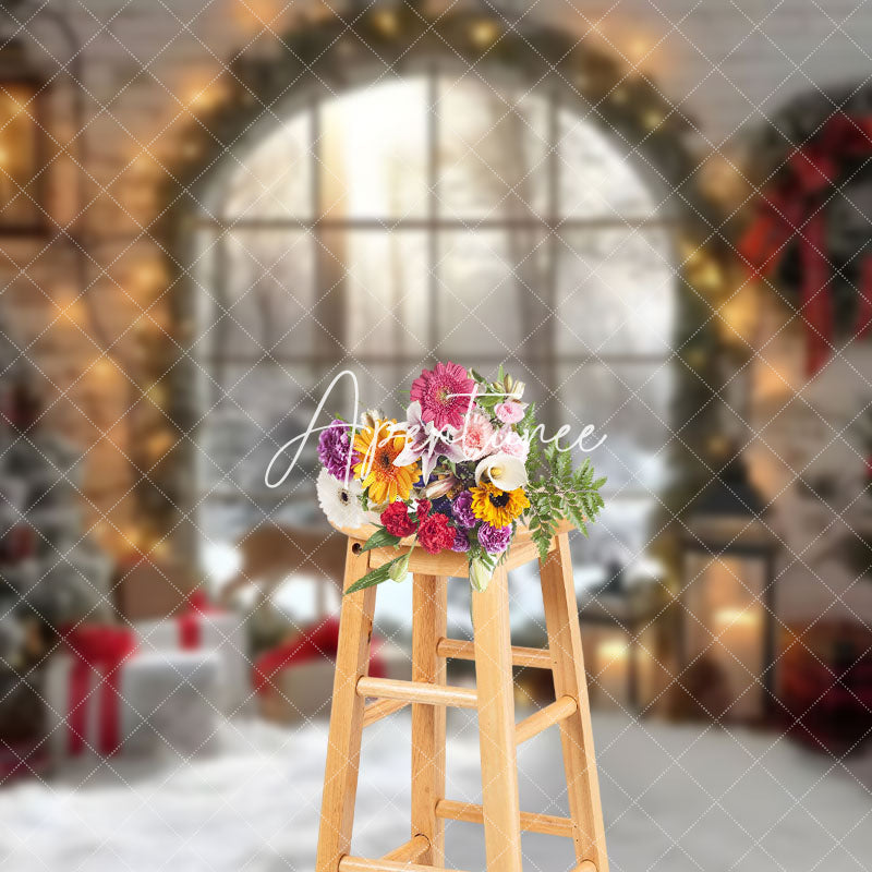 Aperturee - Aperturee Arched Window Deer Wreath Christmas Backdrop