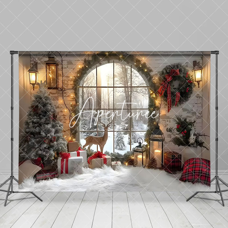 Aperturee - Aperturee Arched Window Deer Wreath Christmas Backdrop