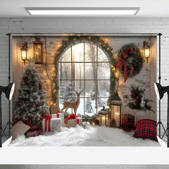 Aperturee - Aperturee Arched Window Deer Wreath Christmas Backdrop