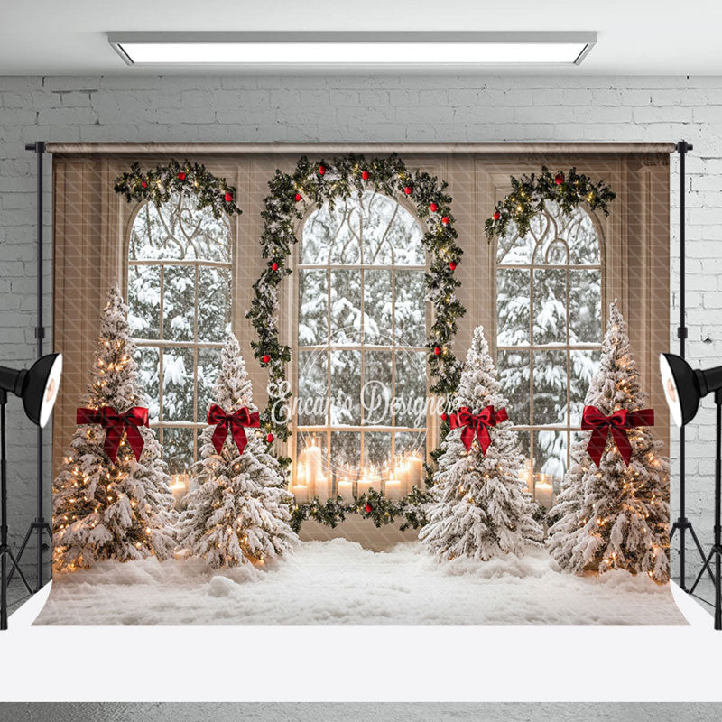 Aperturee - Aperturee Arched Window Pine Tree Red Bow Christmas Backdrop