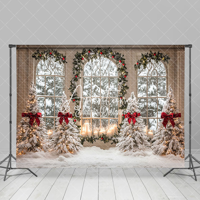 Aperturee - Aperturee Arched Window Pine Tree Red Bow Christmas Backdrop