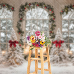 Aperturee - Aperturee Arched Window Pine Tree Red Bow Christmas Backdrop