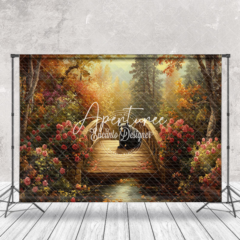 Aperturee - Aperturee Autumn Floral Bear Bridge Forest Photography Backdrop