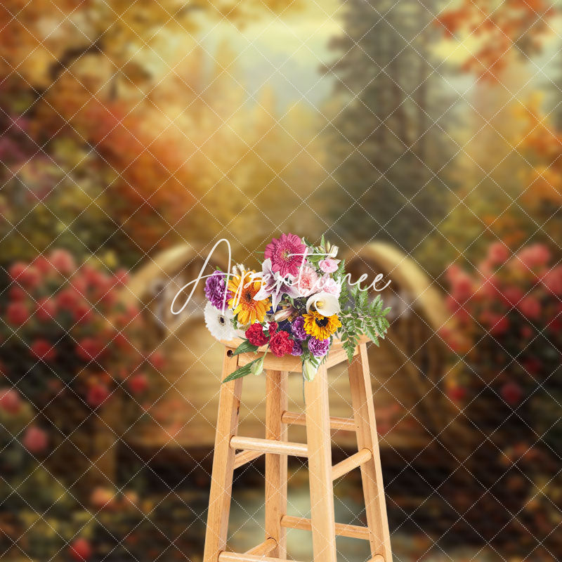 Aperturee - Aperturee Autumn Floral Bear Bridge Forest Photography Backdrop