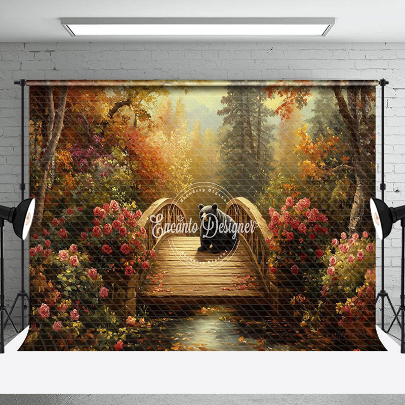 Aperturee - Aperturee Autumn Floral Bear Bridge Forest Photography Backdrop