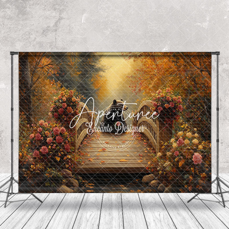 Aperturee - Aperturee Autumn Forest Floral Bear Bridge Photography Backdrop