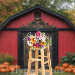 Aperturee - Aperturee Autumn Forest Pumpkins Luxury Red Barn Backdrop