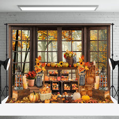 Aperturee - Aperturee Autumn Harvest Window Maple Forest Pumpkins Backdrop