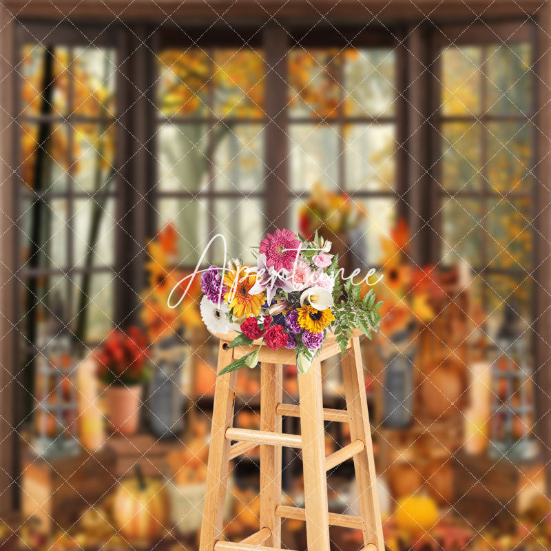 Aperturee - Aperturee Autumn Harvest Window Maple Forest Pumpkins Backdrop