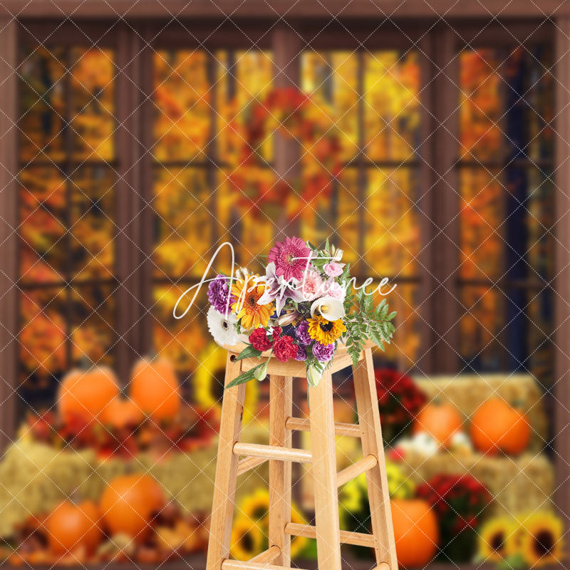 Aperturee - Aperturee Autumn Haystack Pumpkins Window Sunflower Backdrop