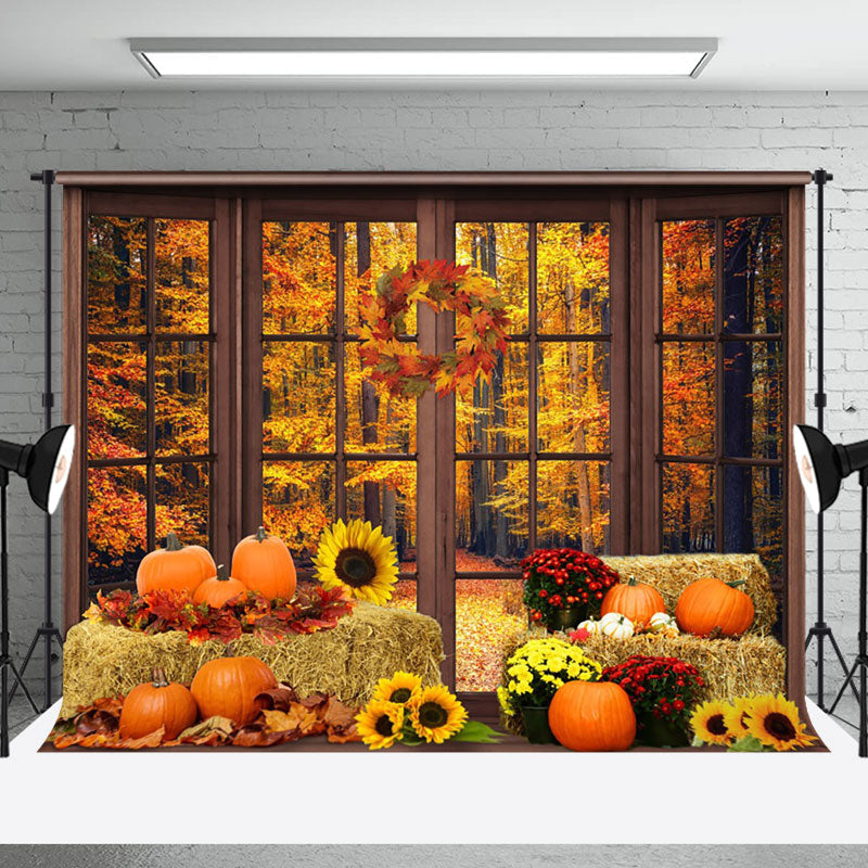 Aperturee - Aperturee Autumn Haystack Pumpkins Window Sunflower Backdrop