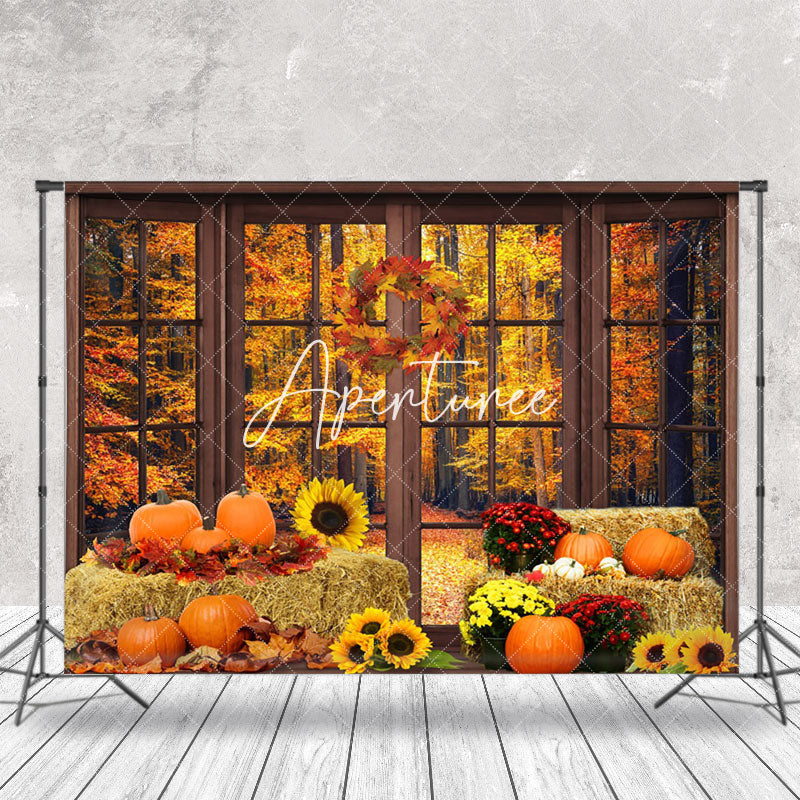 Aperturee - Aperturee Autumn Haystack Pumpkins Window Sunflower Backdrop