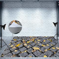 Aperturee - Aperturee Autumn Leaves Grey Road Bricks Fabric Floor Backdrop