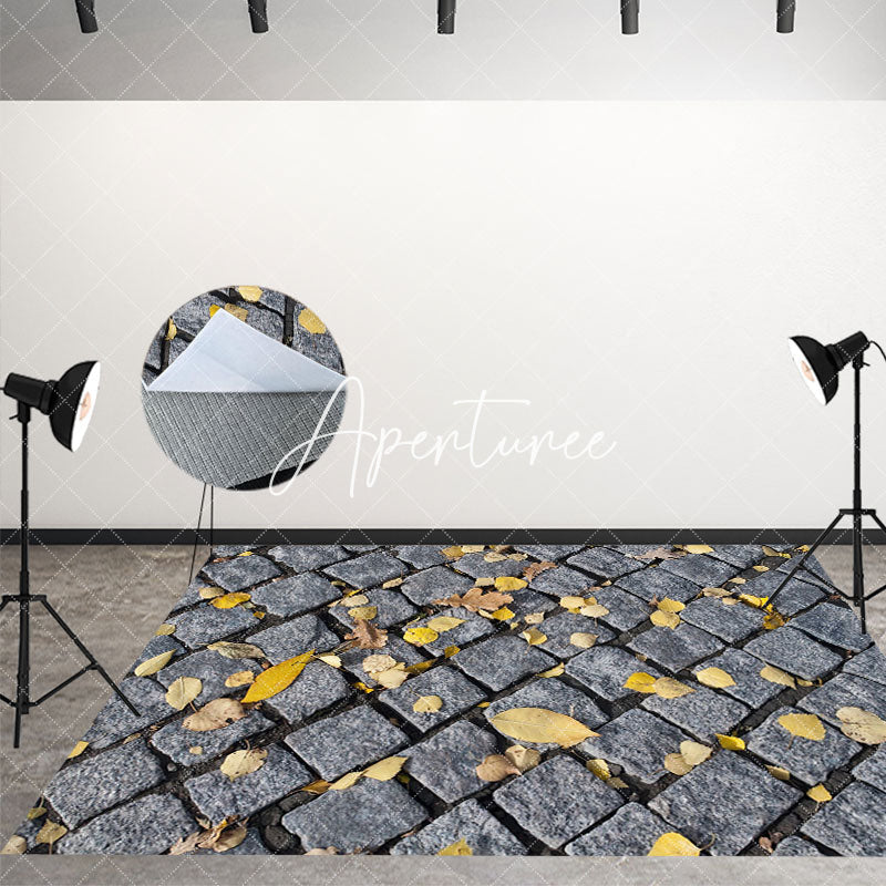 Aperturee - Aperturee Autumn Leaves Grey Road Bricks Fabric Floor Backdrop