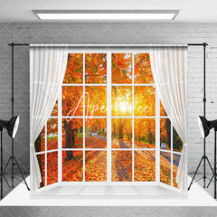 Aperturee - Aperturee Autumn Maple Forest Window Scene Room Set Backdrop